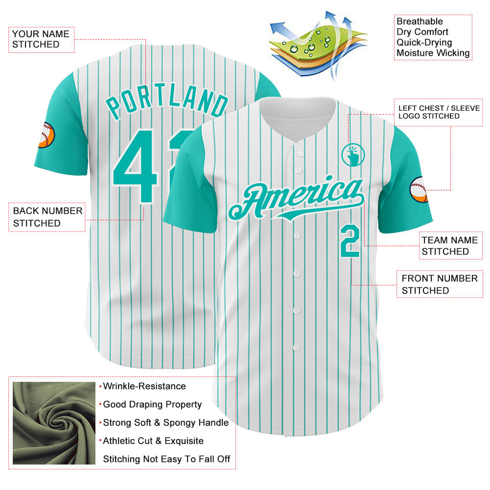 Custom White Aqua Pinstripe Aqua Authentic Two Tone Baseball Jersey view 3
