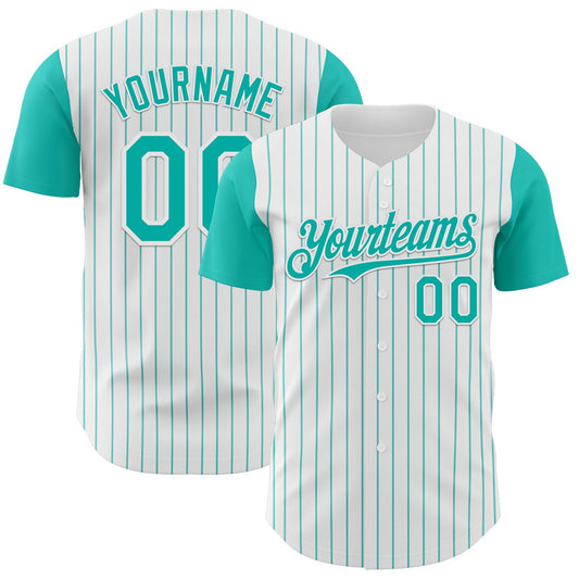 Custom White Aqua Pinstripe Aqua Authentic Two Tone Baseball Jersey - Main View