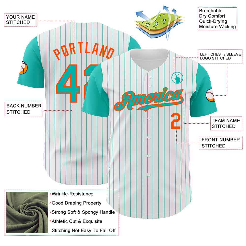Custom White Aqua Pinstripe Orange Authentic Two Tone Baseball Jersey view 3