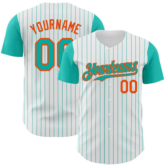 Custom White Aqua Pinstripe Orange Authentic Two Tone Baseball Jersey - Main View