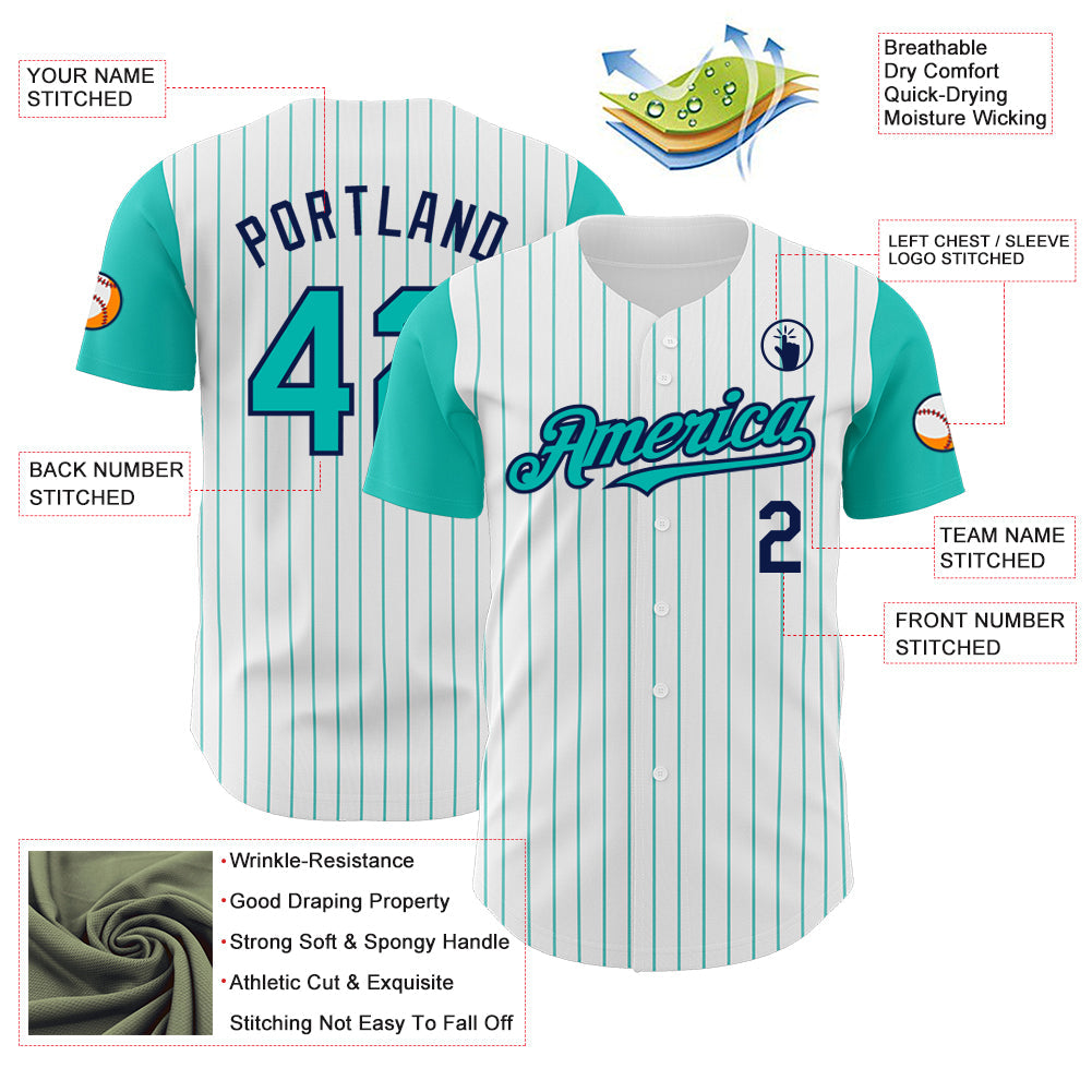 Custom White Aqua Pinstripe Navy Authentic Two Tone Baseball Jersey view 3