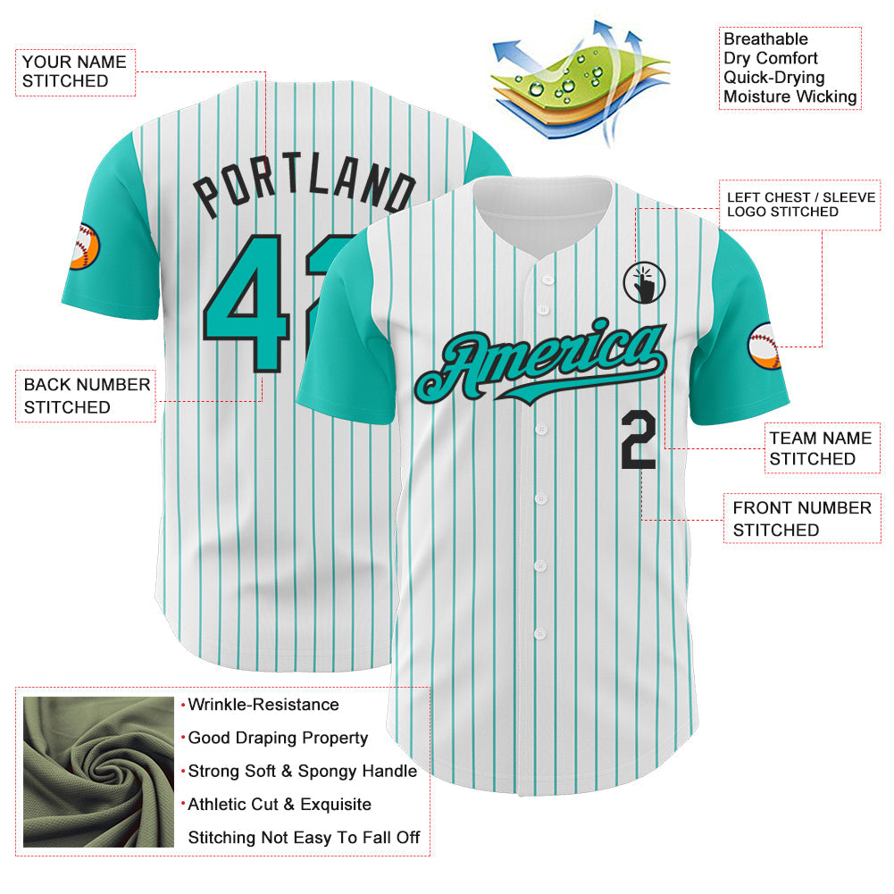 Custom White Aqua Pinstripe Black Authentic Two Tone Baseball Jersey view 3