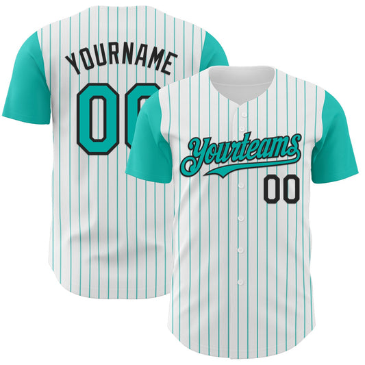 Custom White Aqua Pinstripe Black Authentic Two Tone Baseball Jersey - Main View