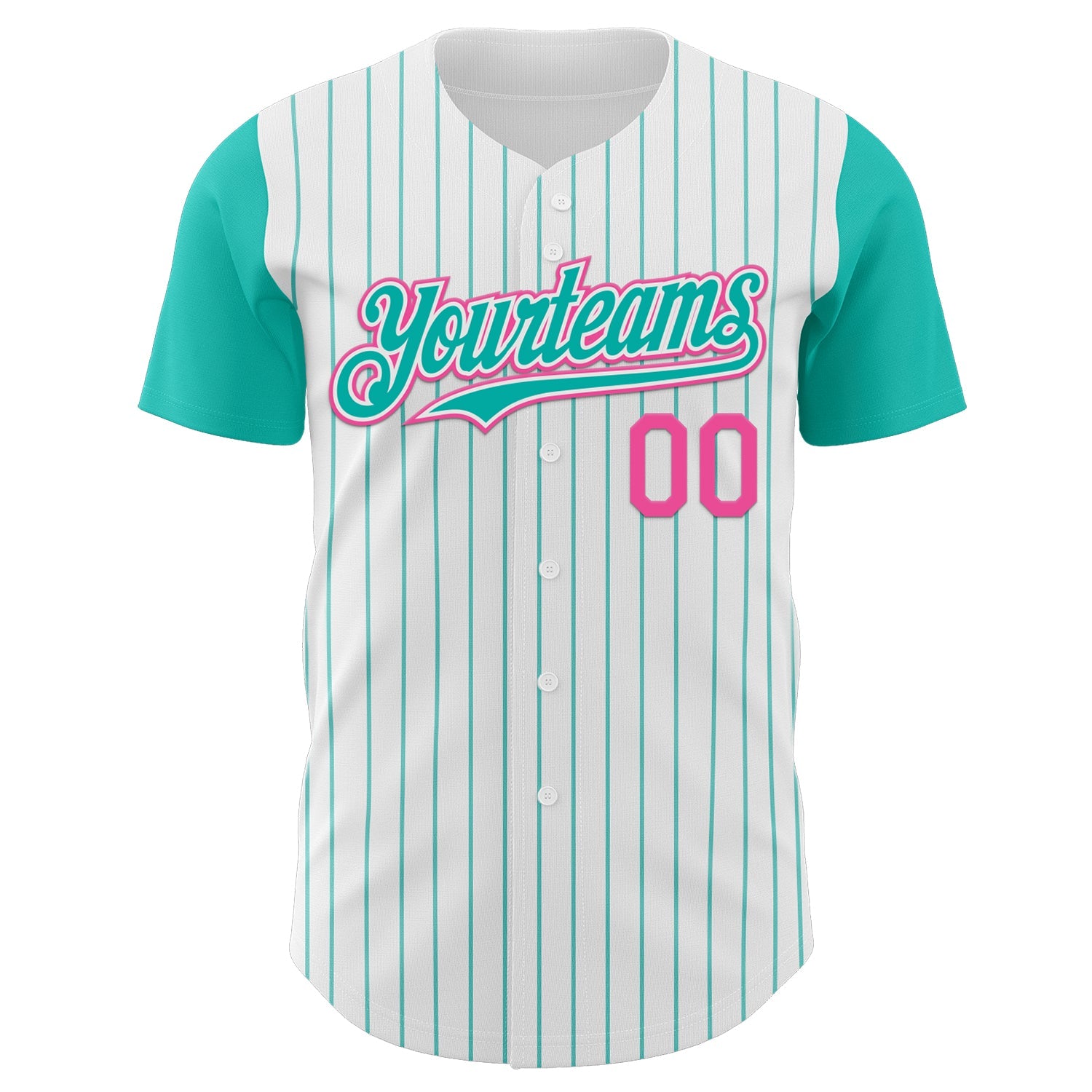 Custom White Aqua Pinstripe Pink Authentic Two Tone Baseball Jersey view 2