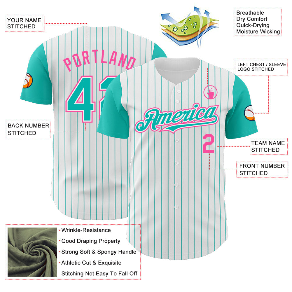 Custom White Aqua Pinstripe Pink Authentic Two Tone Baseball Jersey view 3