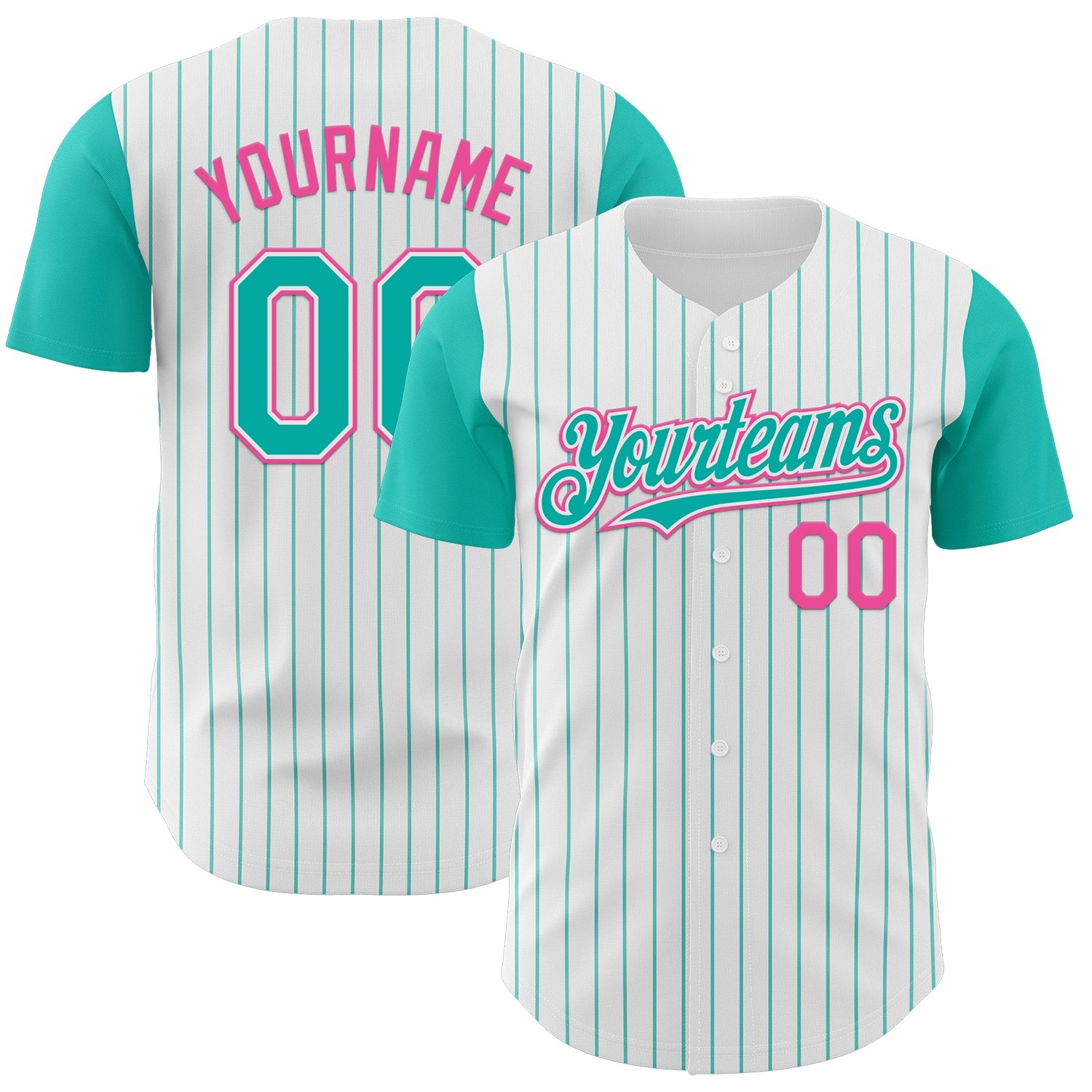 Custom White Aqua Pinstripe Pink Authentic Two Tone Baseball Jersey - Main View