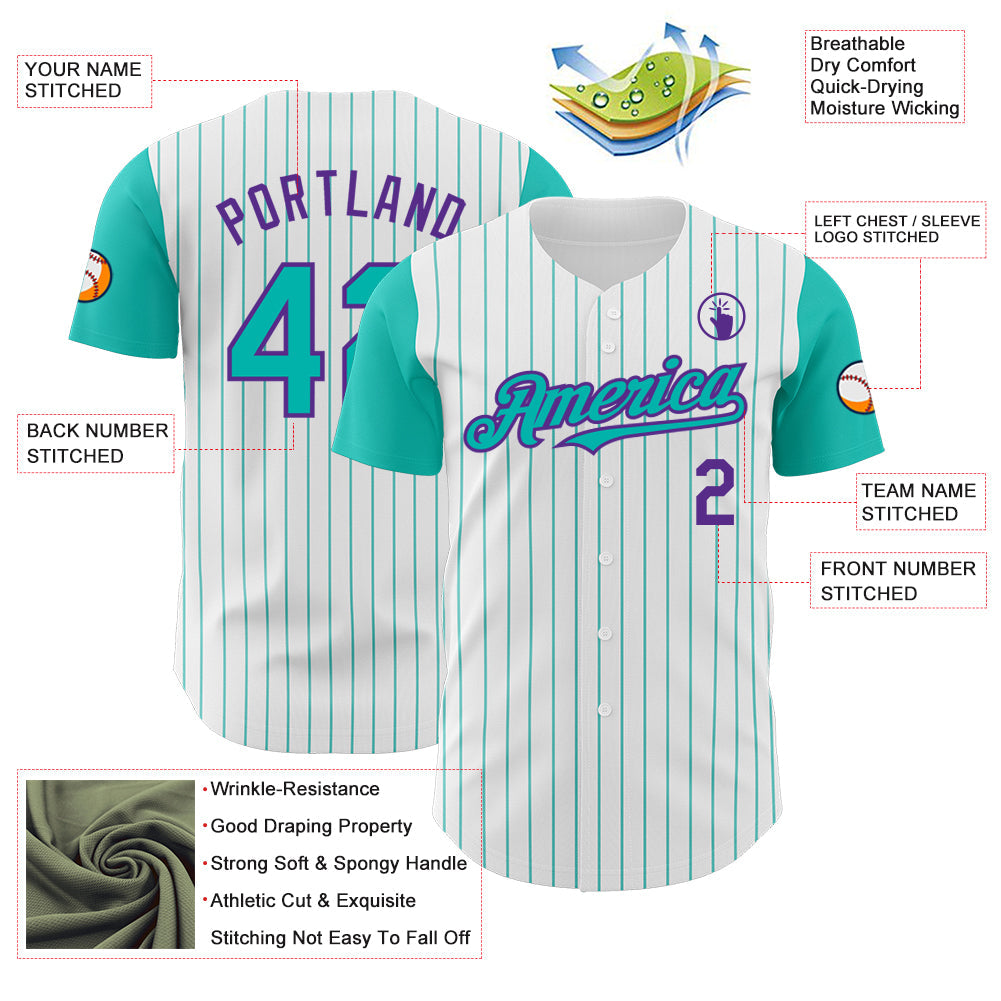 Custom White Aqua Pinstripe Purple Authentic Two Tone Baseball Jersey view 3