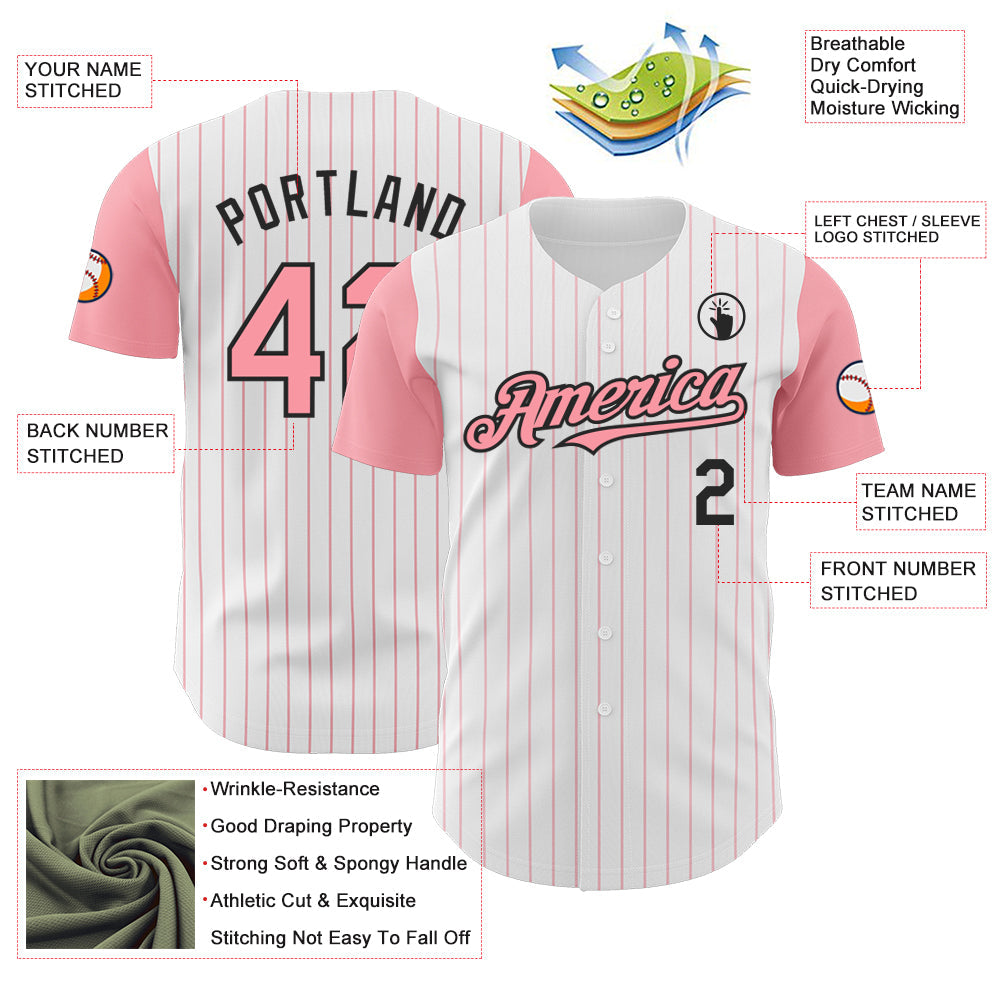 Custom White Medium Pink Pinstripe Black Authentic Two Tone Baseball Jersey view 3