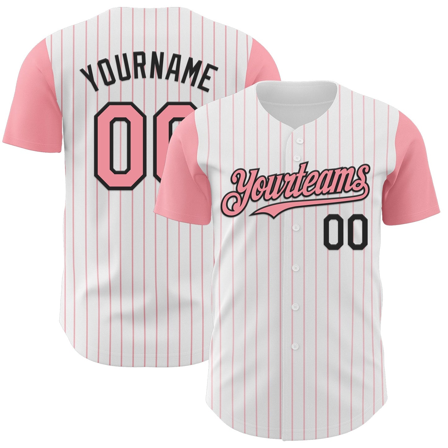 Custom White Medium Pink Pinstripe Black Authentic Two Tone Baseball Jersey - Main View