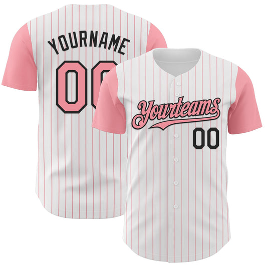Custom White Medium Pink Pinstripe Black Authentic Two Tone Baseball Jersey - Main View