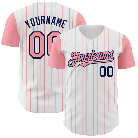 Custom White Medium Pink Pinstripe Navy Authentic Two Tone Baseball Jersey - Main View