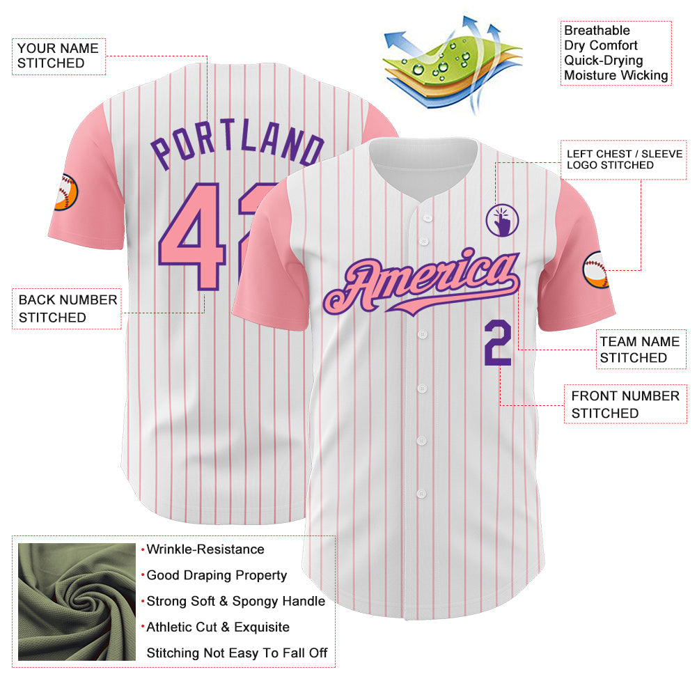Custom White Medium Pink Pinstripe Purple Authentic Two Tone Baseball Jersey view 3