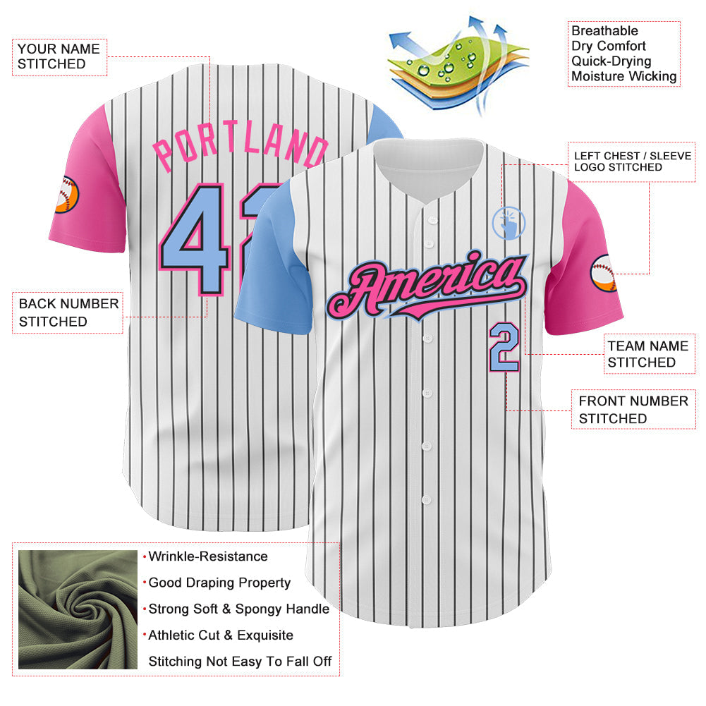 Custom White Black Pinstripe Light Blue-Pink Authentic Two Tone Baseball Jersey view 3