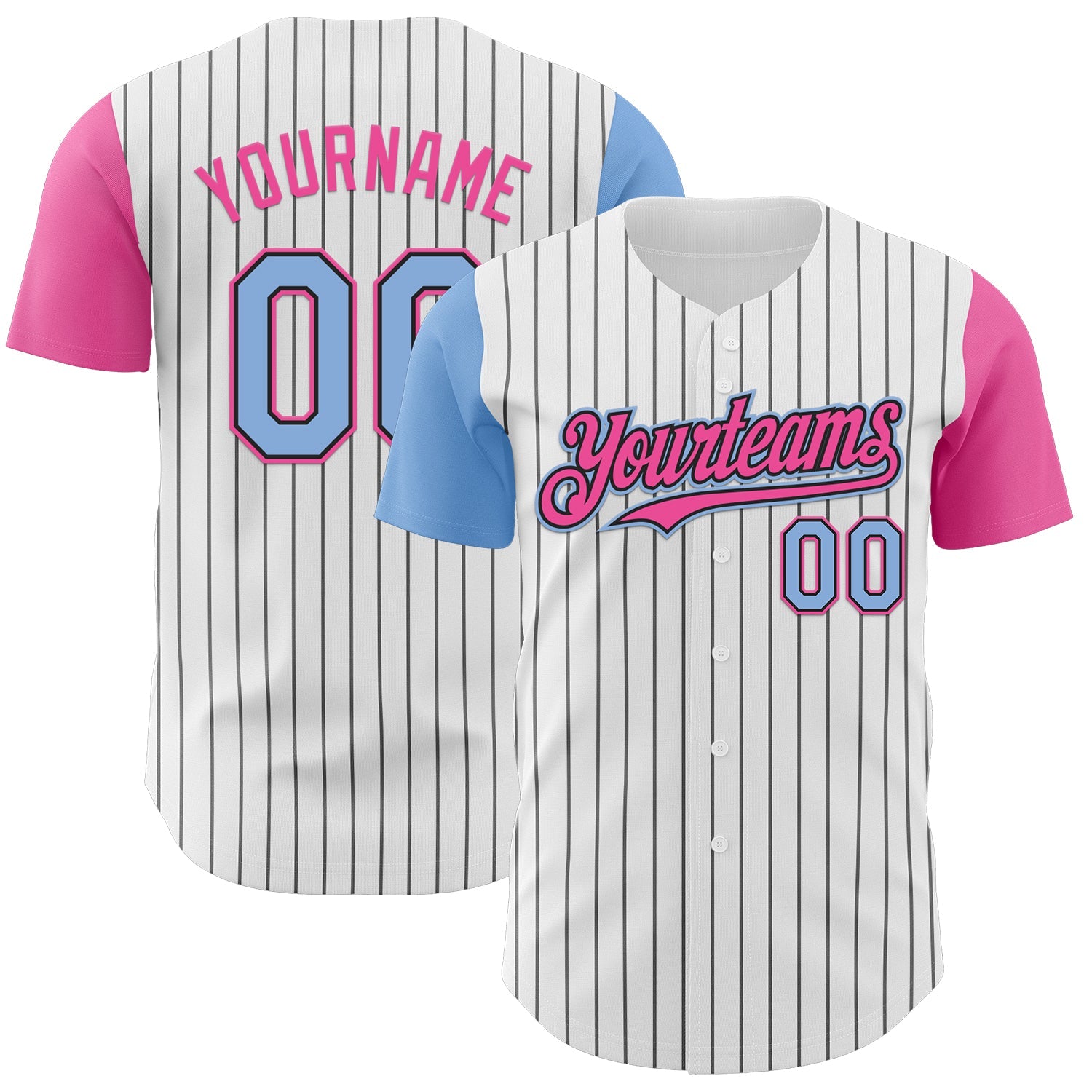 Custom White Black Pinstripe Light Blue-Pink Authentic Two Tone Baseball Jersey - Main View