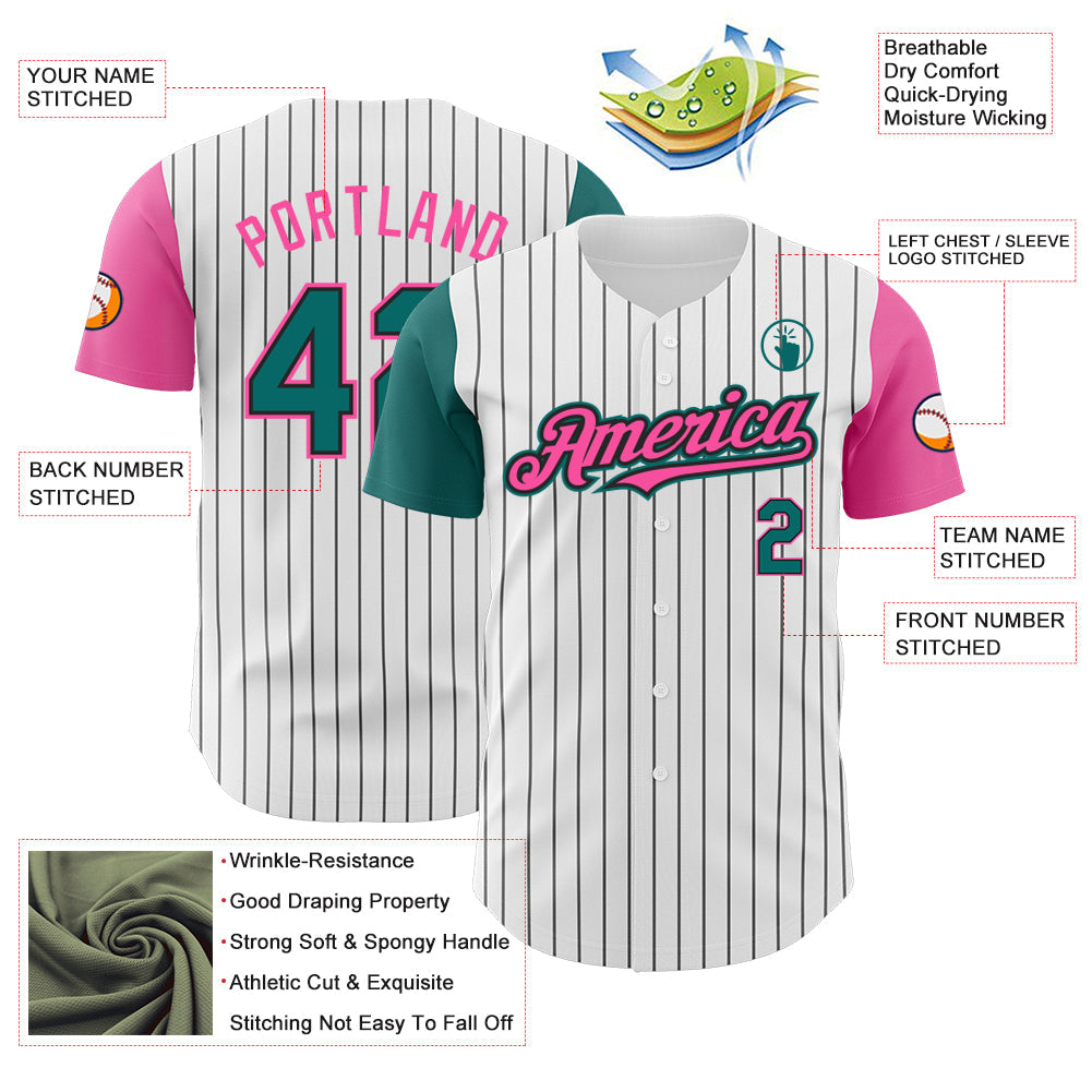 Custom White Black Pinstripe Teal-Pink Authentic Two Tone Baseball Jersey view 3