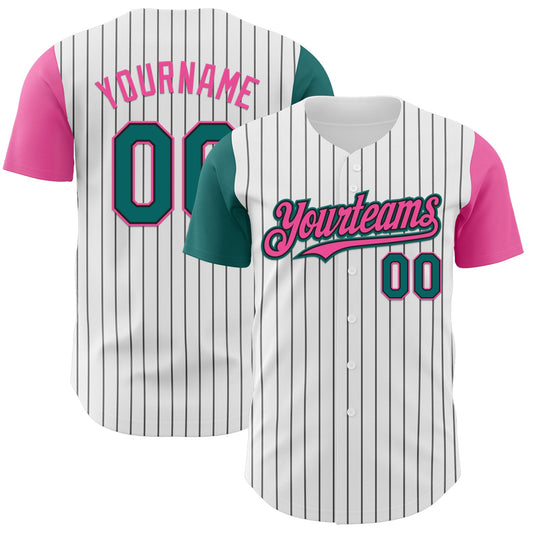 Custom White Black Pinstripe Teal-Pink Authentic Two Tone Baseball Jersey - Main View