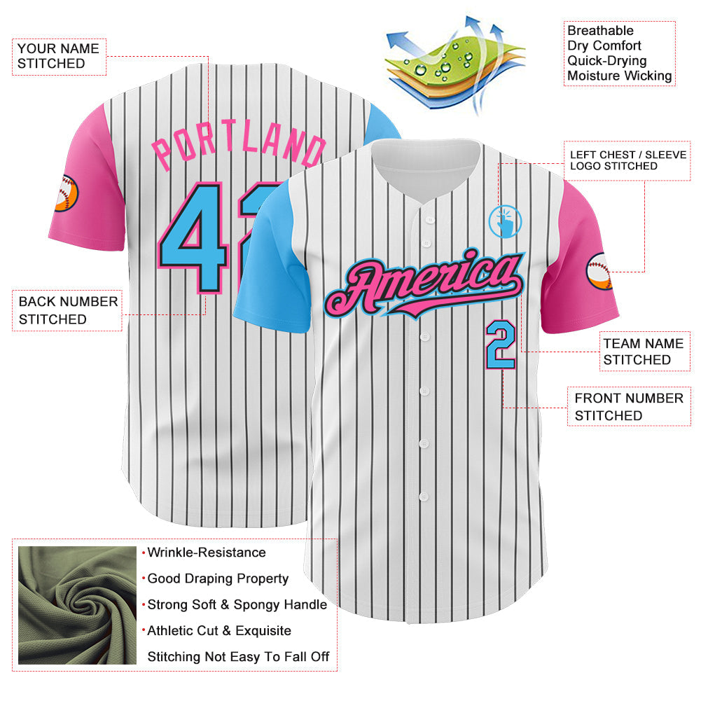 Custom White Black Pinstripe Sky Blue-Pink Authentic Two Tone Baseball Jersey view 3
