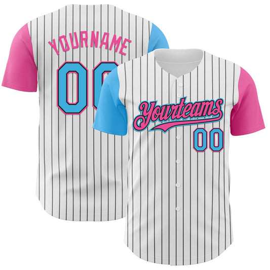 Custom White Black Pinstripe Sky Blue-Pink Authentic Two Tone Baseball Jersey - Main View