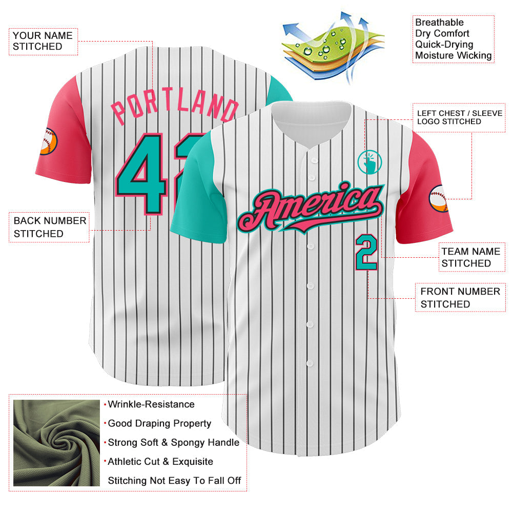 Custom White Black Pinstripe Aqua-Neon Pink Authentic Two Tone Baseball Jersey view 3