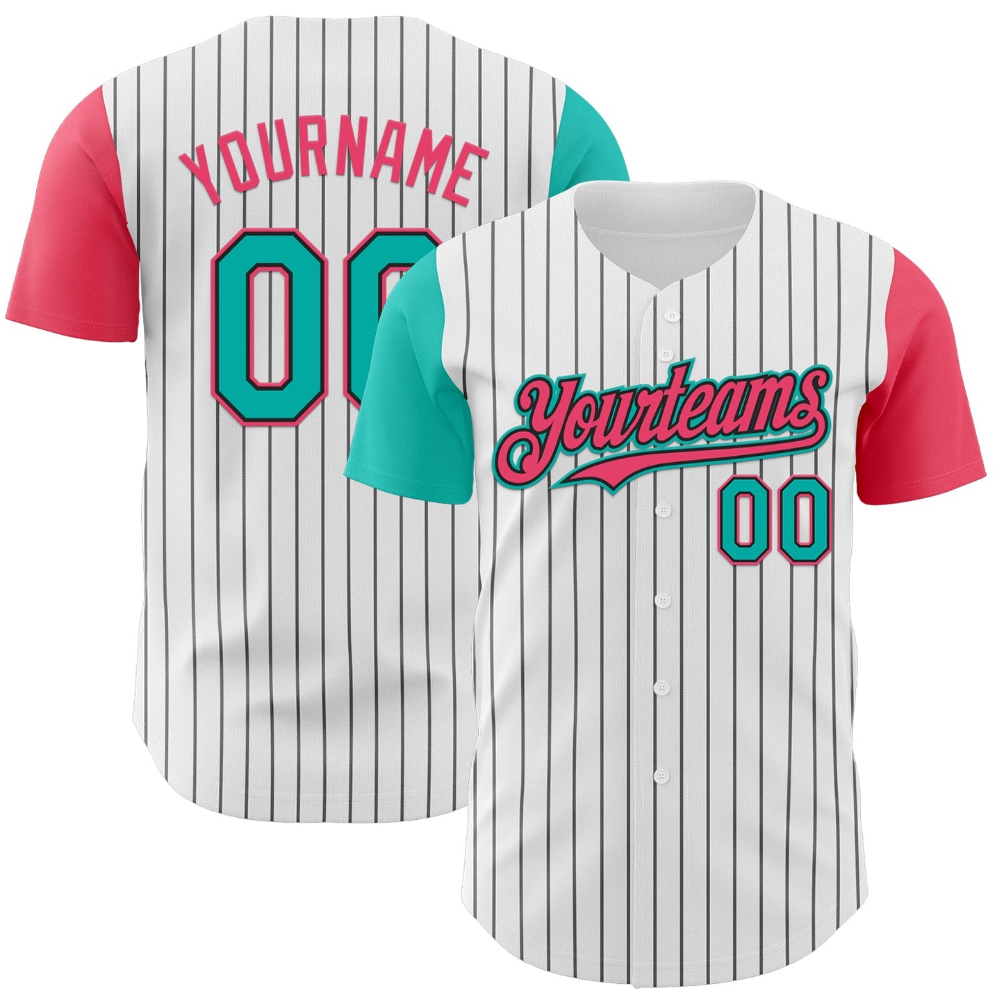 Custom White Black Pinstripe Aqua-Neon Pink Authentic Two Tone Baseball Jersey - Main View