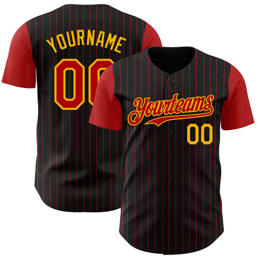 Custom Black Red Pinstripe Gold Authentic Two Tone Baseball Jersey - Main View
