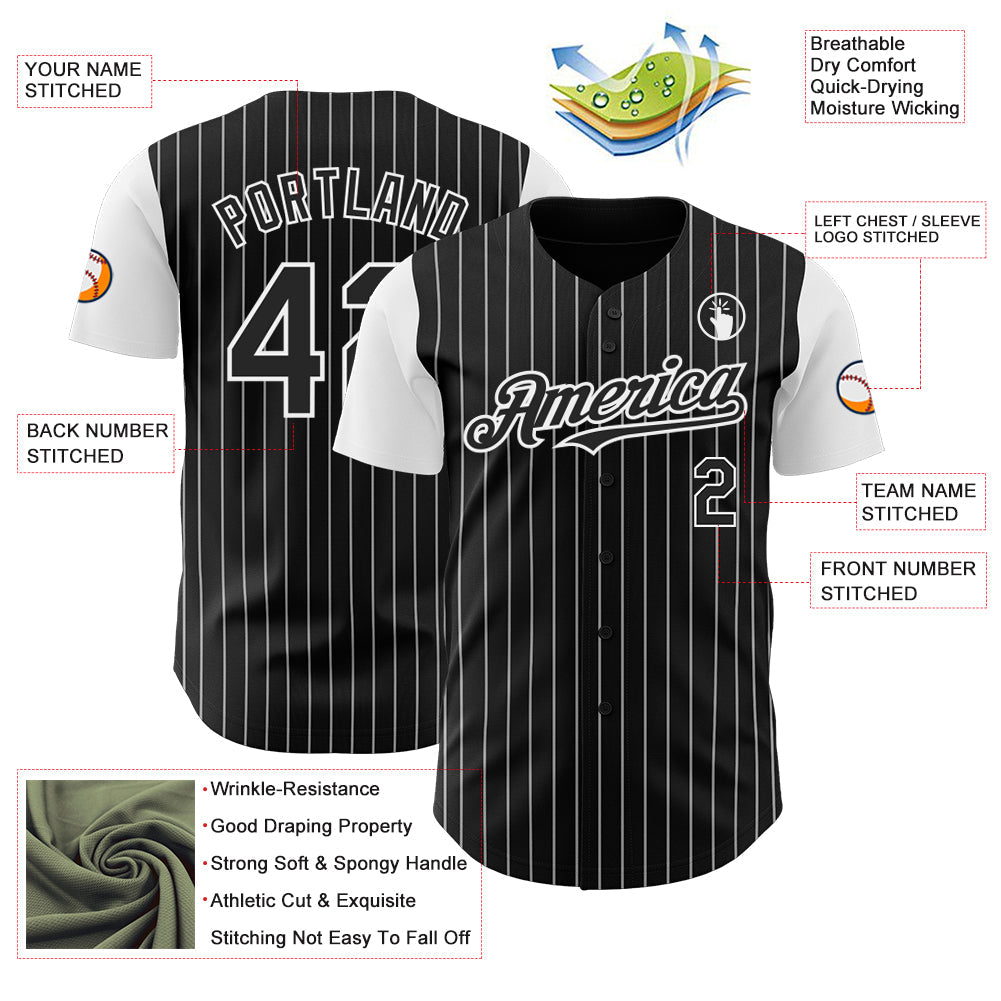 Custom Black White Pinstripe White Authentic Two Tone Baseball Jersey view 3