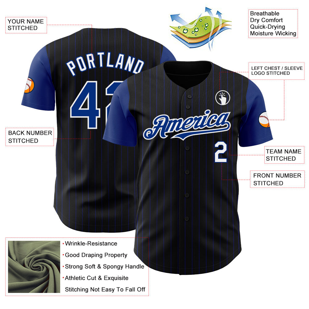 Custom Black Royal Pinstripe White Authentic Two Tone Baseball Jersey view 3