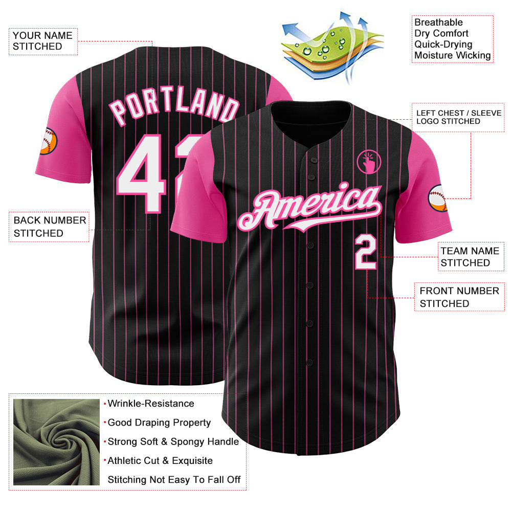 Custom Black Pink Pinstripe White Authentic Two Tone Baseball Jersey view 3