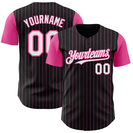 Custom Black Pink Pinstripe White Authentic Two Tone Baseball Jersey - Main View