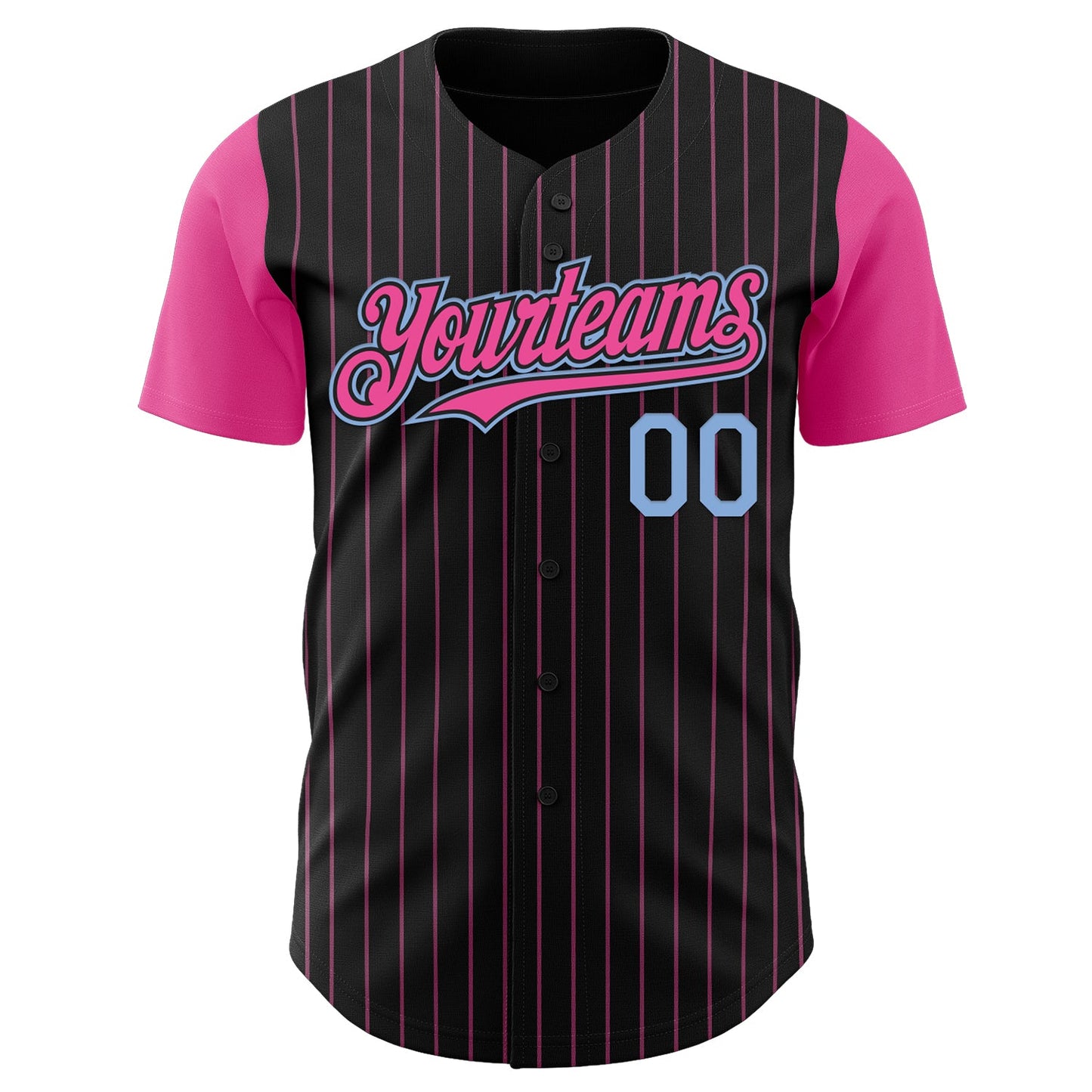 Custom Black Pink Pinstripe Light Blue Authentic Two Tone Baseball Jersey view 2