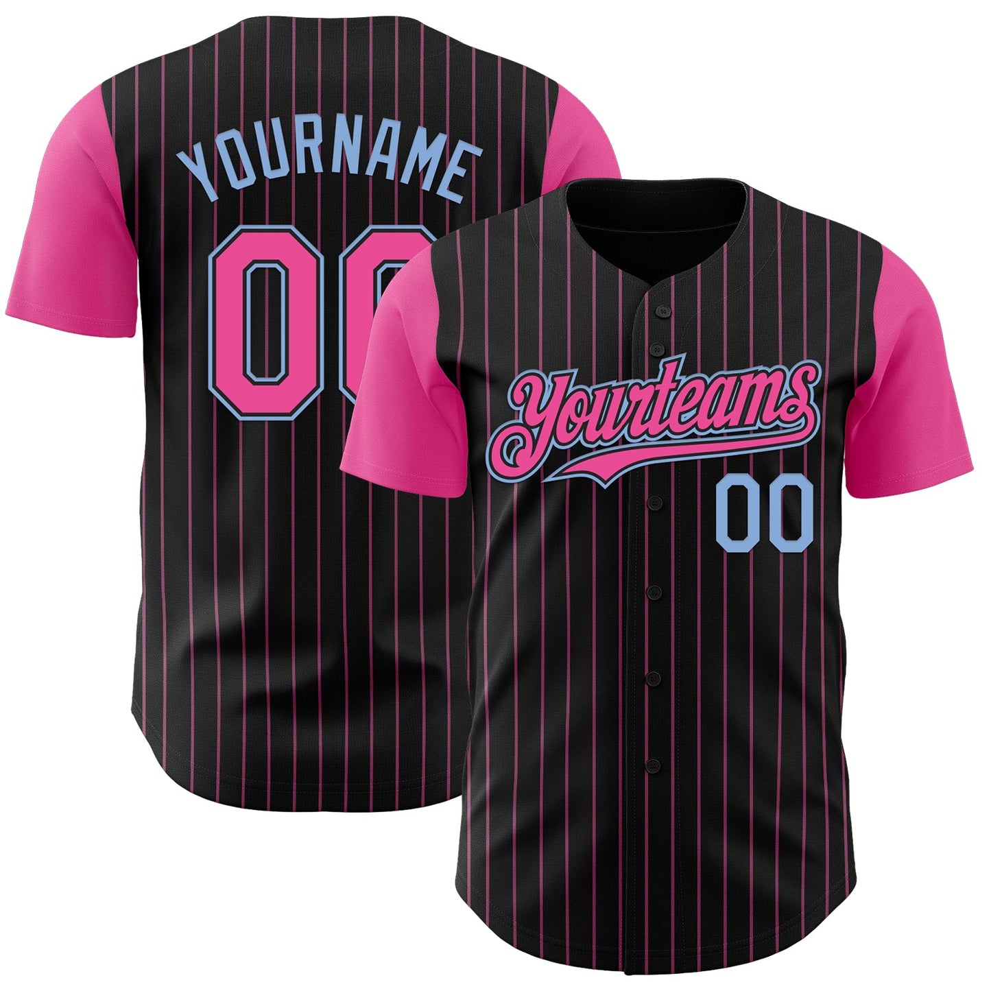 Custom Black Pink Pinstripe Light Blue Authentic Two Tone Baseball Jersey - Main View