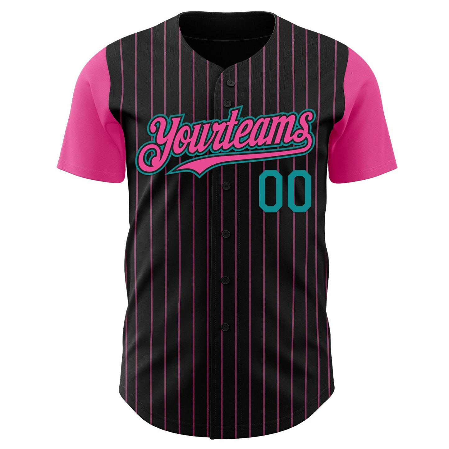 Custom Black Pink Pinstripe Teal Authentic Two Tone Baseball Jersey view 2