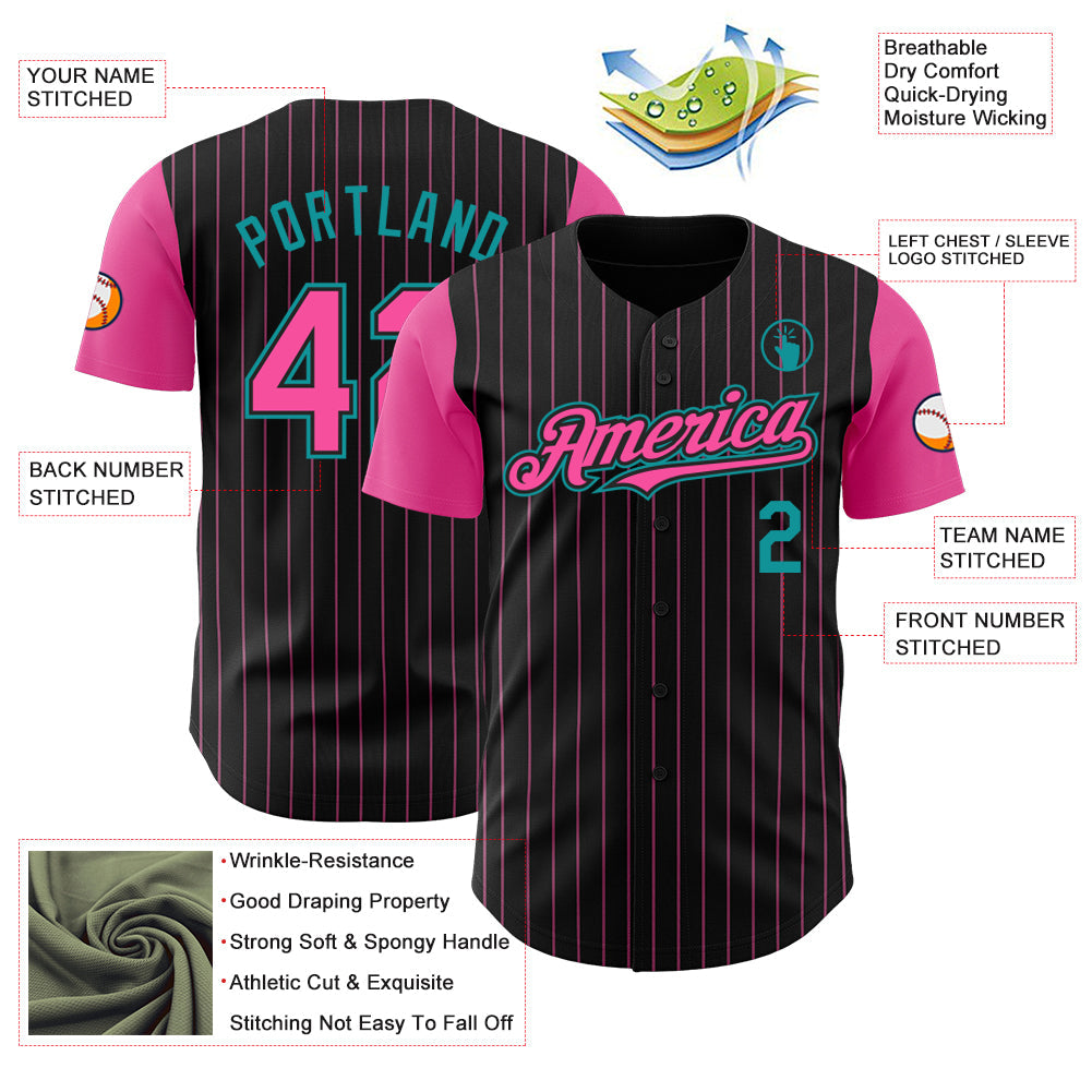 Custom Black Pink Pinstripe Teal Authentic Two Tone Baseball Jersey view 3