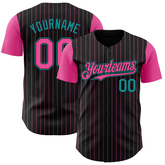 Custom Black Pink Pinstripe Teal Authentic Two Tone Baseball Jersey - Main View