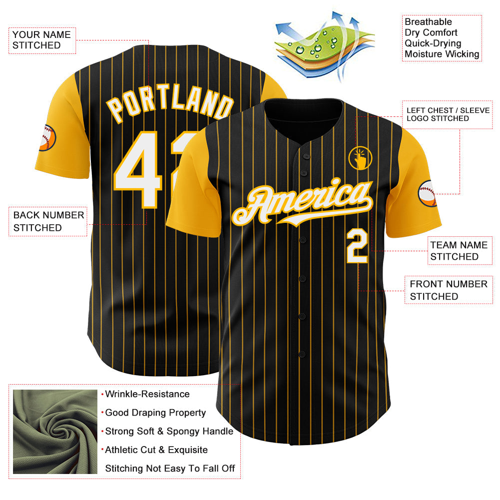 Custom Black Gold Pinstripe White Authentic Two Tone Baseball Jersey view 3