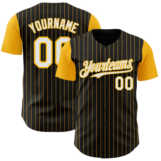 Custom Black Gold Pinstripe White Authentic Two Tone Baseball Jersey - Main View