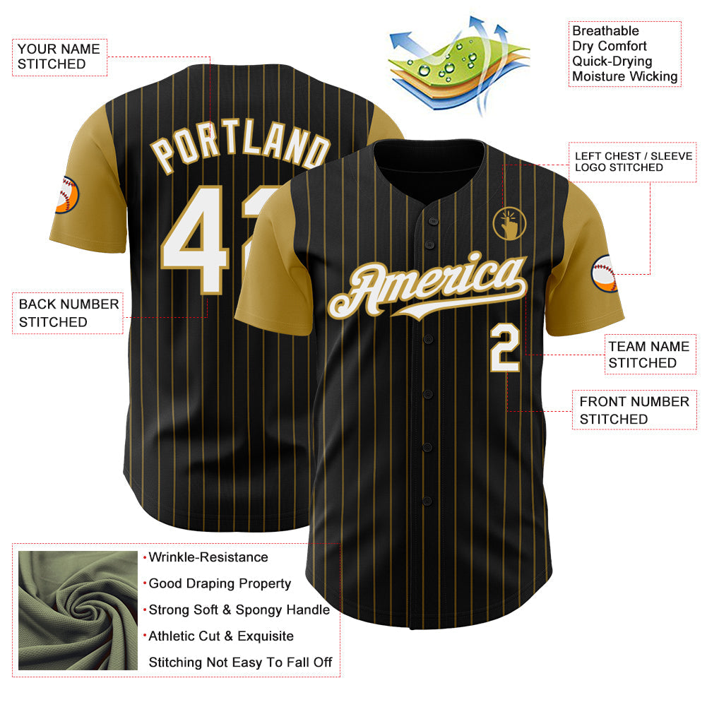 Custom Black Old Gold Pinstripe White Authentic Two Tone Baseball Jersey view 3