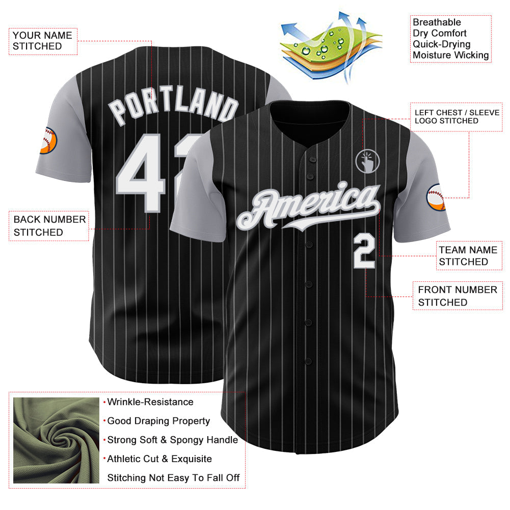 Custom Black Gray Pinstripe White Authentic Two Tone Baseball Jersey view 3
