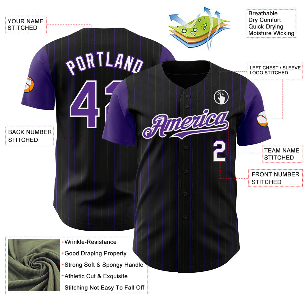 Custom Black Purple Pinstripe White Authentic Two Tone Baseball Jersey view 3