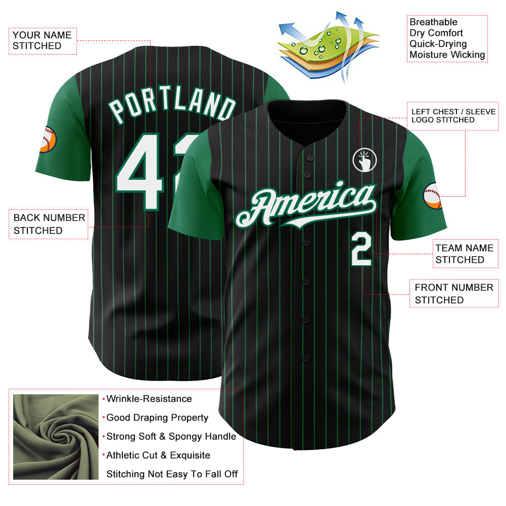 Custom Black Kelly Green Pinstripe White Authentic Two Tone Baseball Jersey view 3