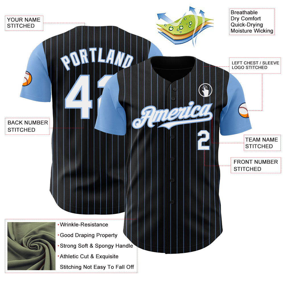 Custom Black Light Blue Pinstripe White Authentic Two Tone Baseball Jersey view 3