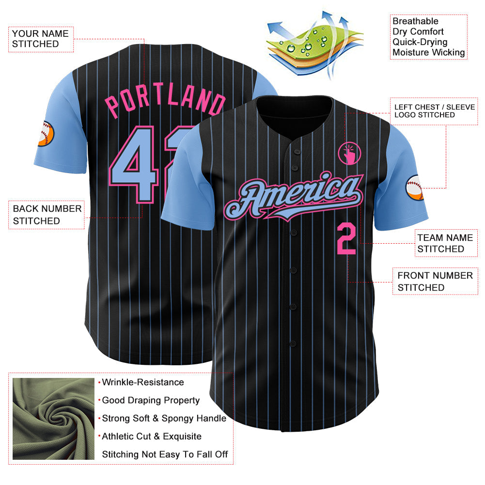 Custom Black Light Blue Pinstripe Pink Authentic Two Tone Baseball Jersey view 3