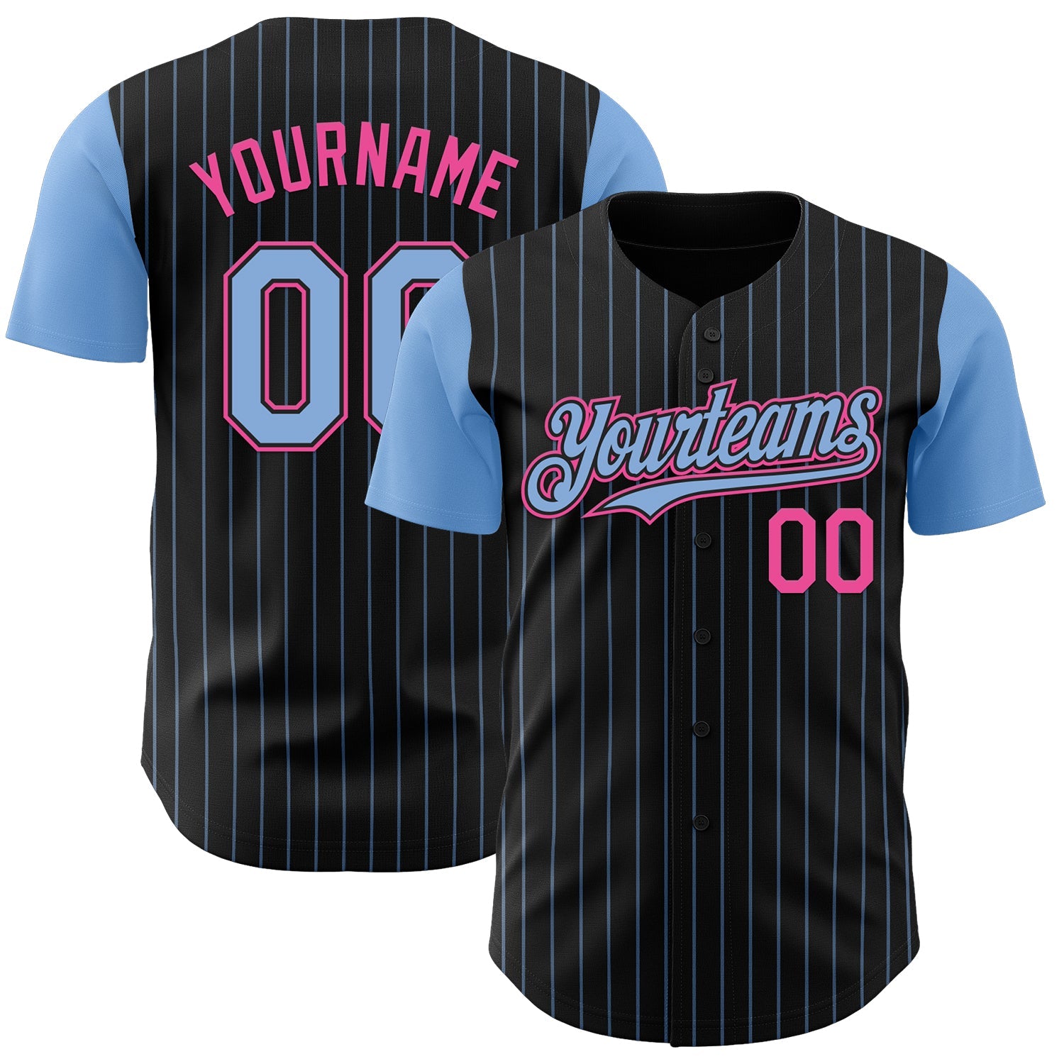Custom Black Light Blue Pinstripe Pink Authentic Two Tone Baseball Jersey - Main View