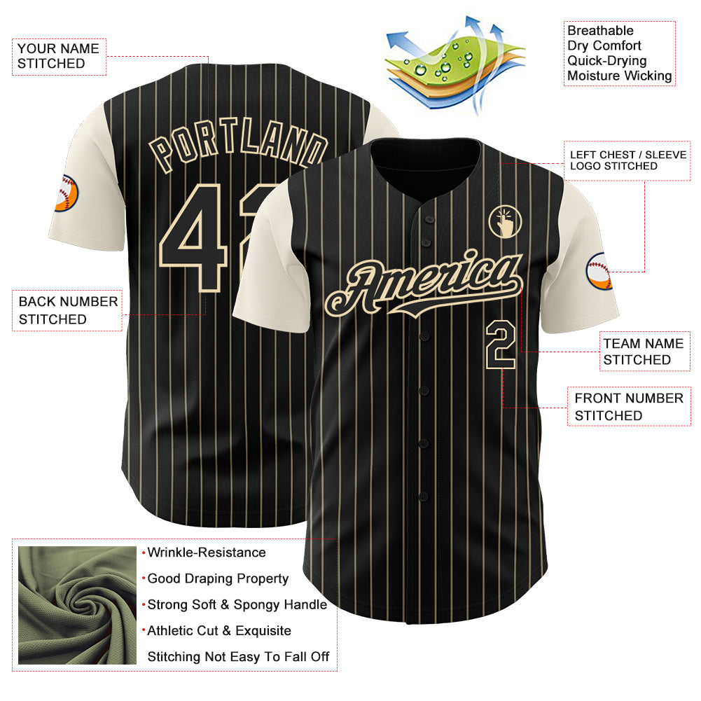 Custom Black Cream Pinstripe Cream Authentic Two Tone Baseball Jersey view 3