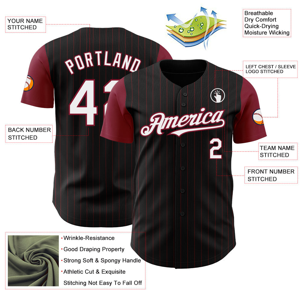 Custom Black Crimson Pinstripe White Authentic Two Tone Baseball Jersey view 3