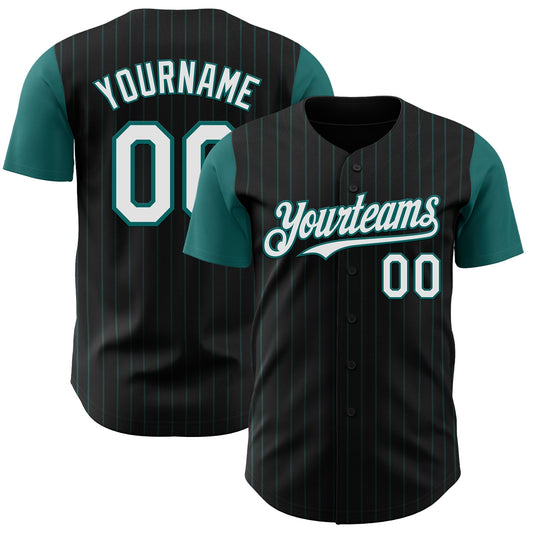 Custom Black Teal Pinstripe White Authentic Two Tone Baseball Jersey - Main View
