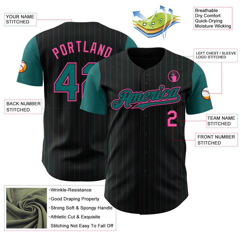 Custom Black Teal Pinstripe Pink Authentic Two Tone Baseball Jersey view 3