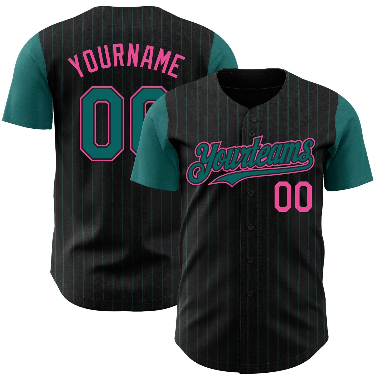 Custom Black Teal Pinstripe Pink Authentic Two Tone Baseball Jersey - Main View