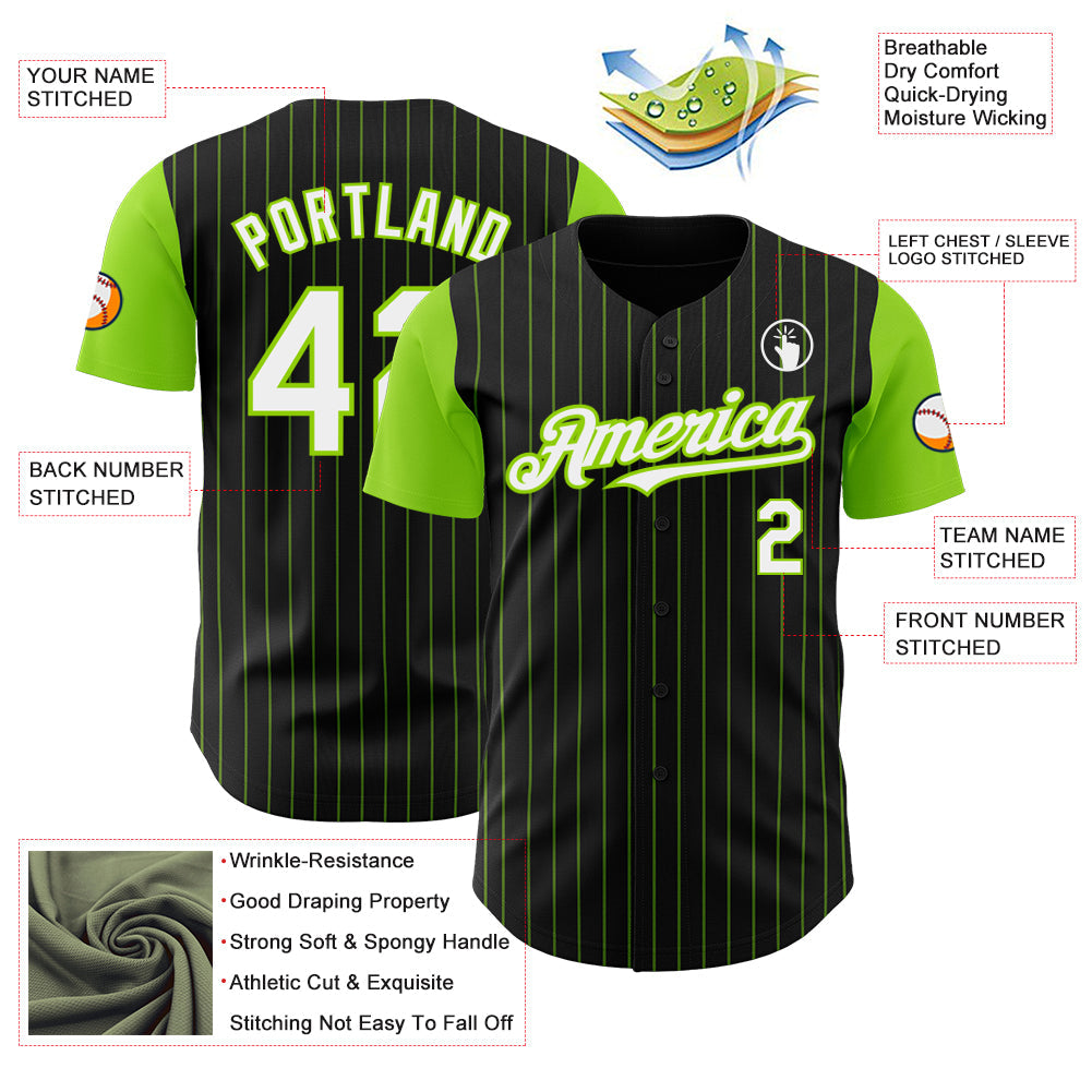 Custom Black Neon Green Pinstripe White Authentic Two Tone Baseball Jersey view 3