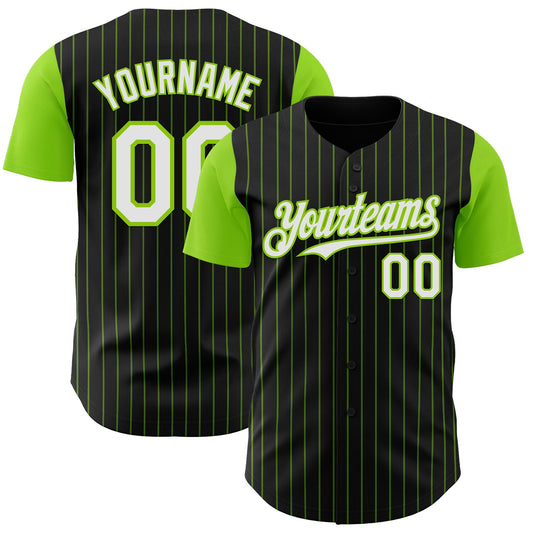 Custom Black Neon Green Pinstripe White Authentic Two Tone Baseball Jersey - Main View